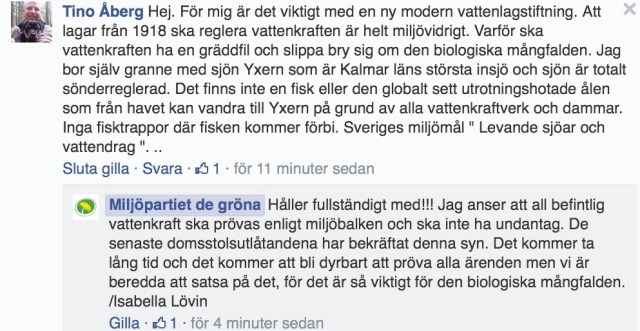 Skärmdump från Miljöpartiets fb-sida den 25/5-14