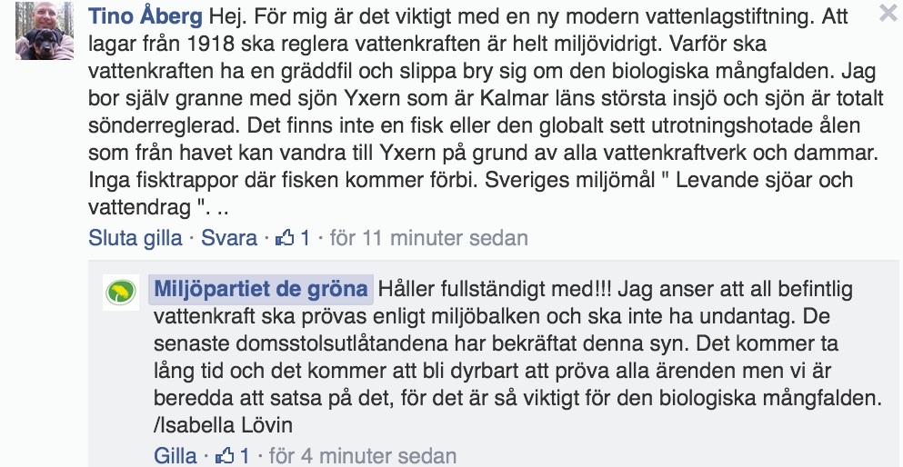 Skärmdump från Miljöpartiets fb-sida den 25/5-14